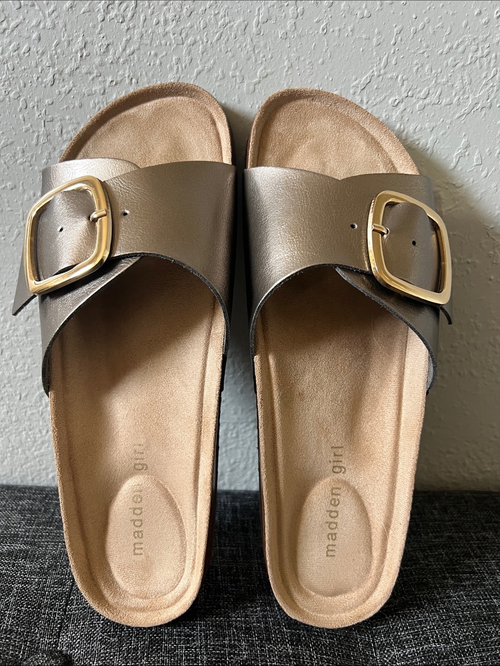 Madden Girl Metallic Slide Sandals with Gold Buckle